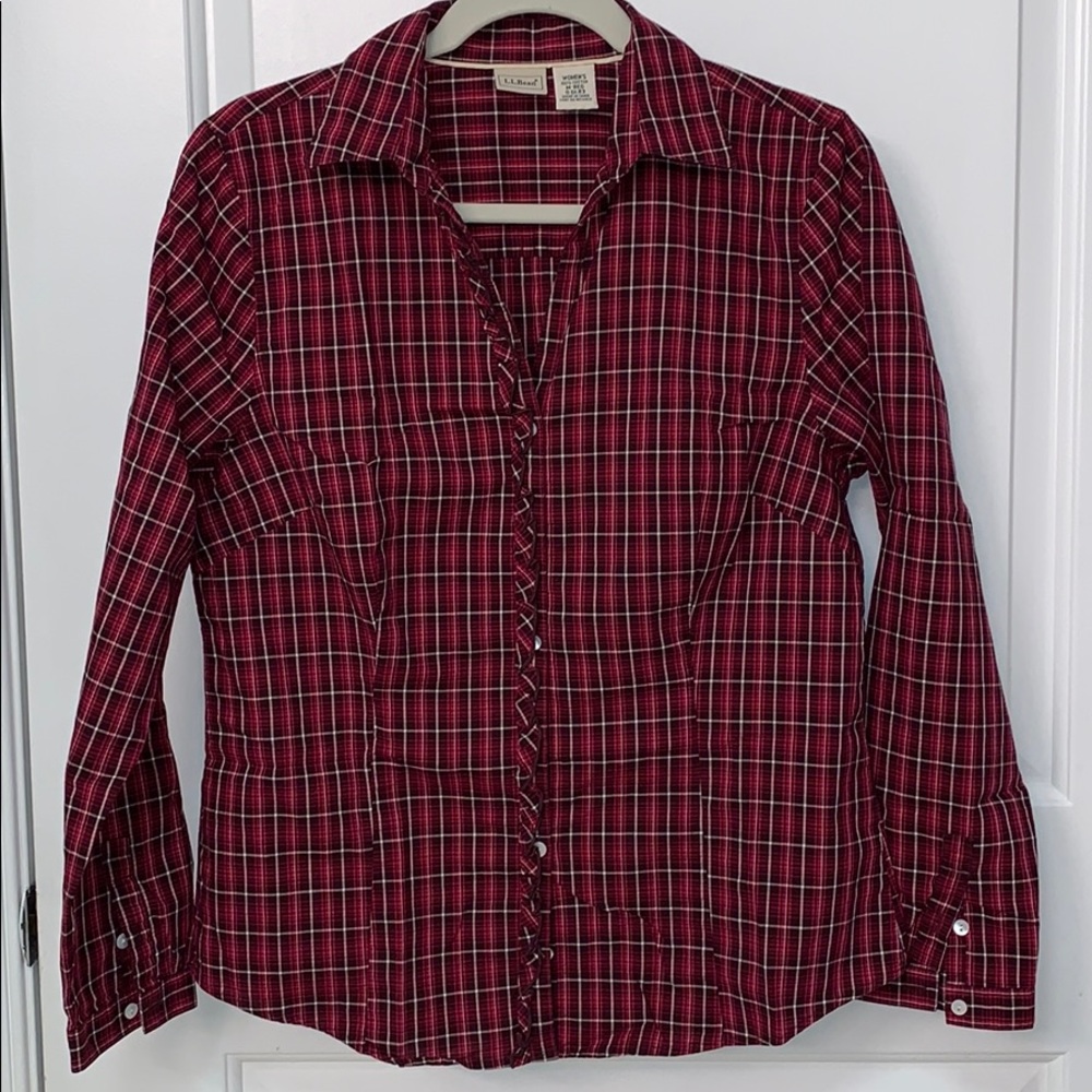 LL Bean Button Down Blouse Ruffle Placket Medium